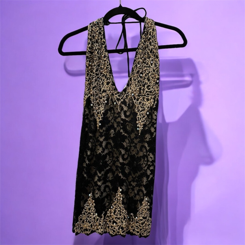 Gold & Black Holt Tie Jeweled Lace Mini Dress